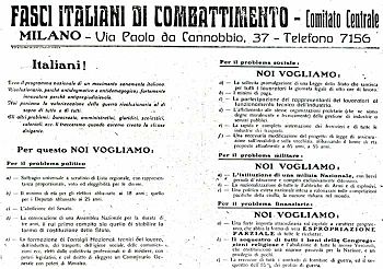 IL PROGRAMMA DI SAN SEPOLCRO. FASCI DI COMBATTIMENTO. 1919